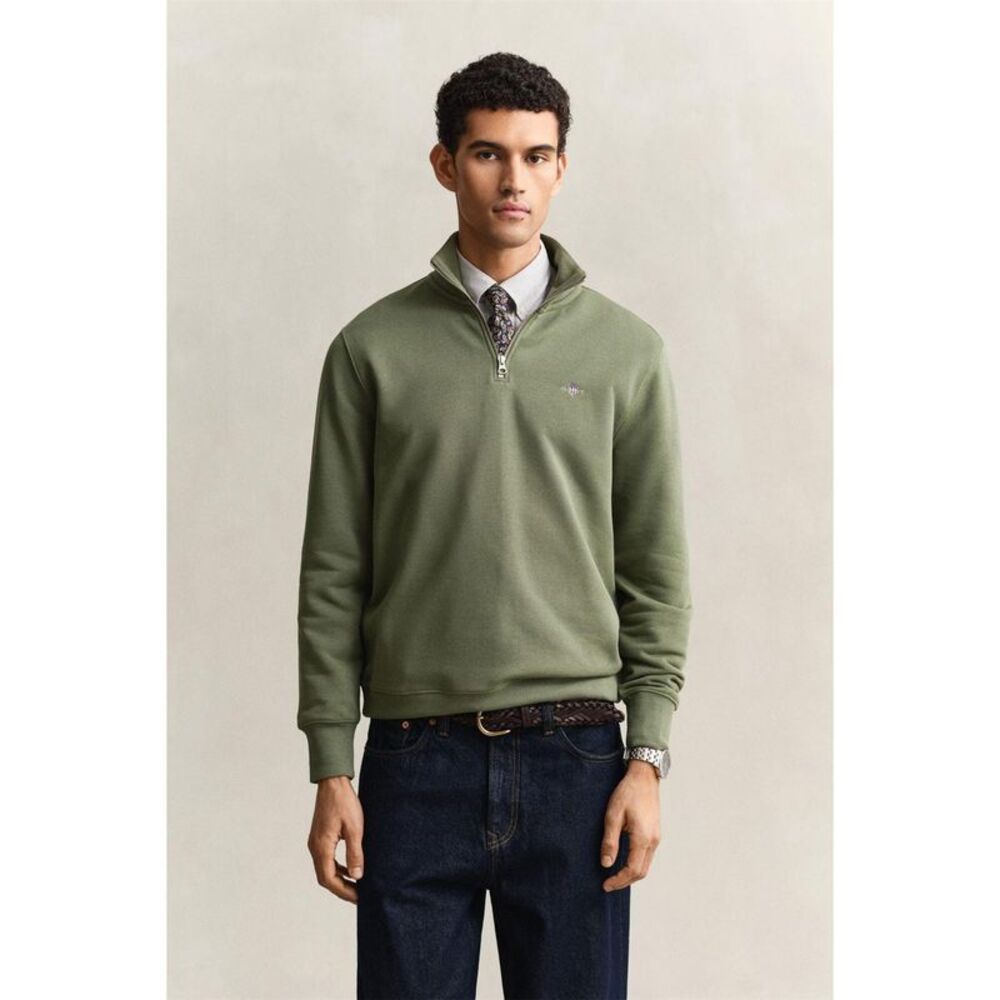 Gant Mens Embroidered Logo Half Zip Sweatshirt / Herb